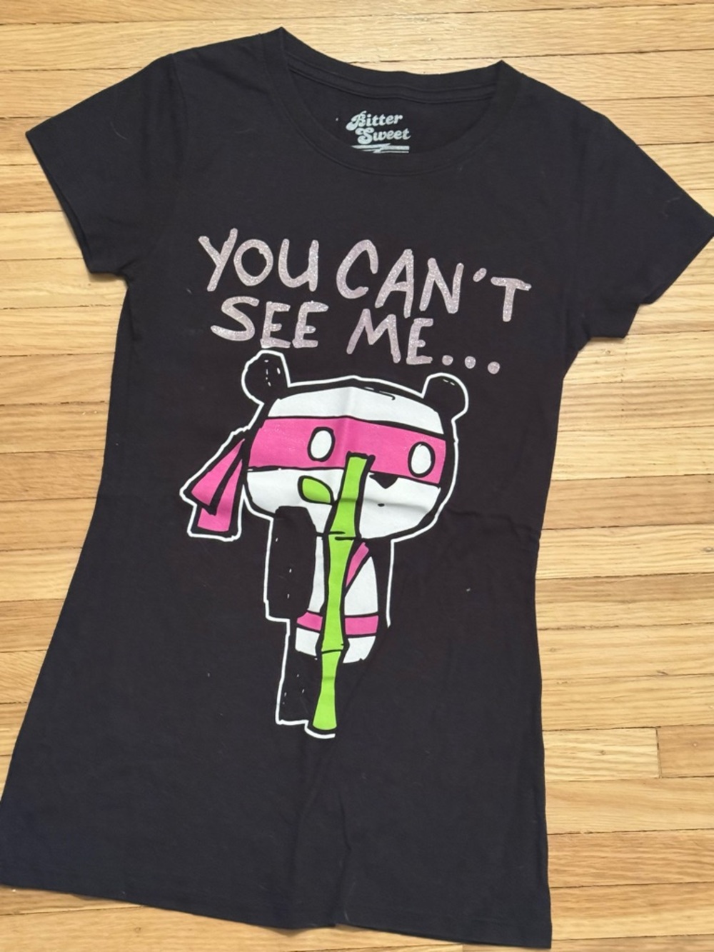 Womens' Black Graphic 'You Can't See Me' Tee with Pink & Green Print